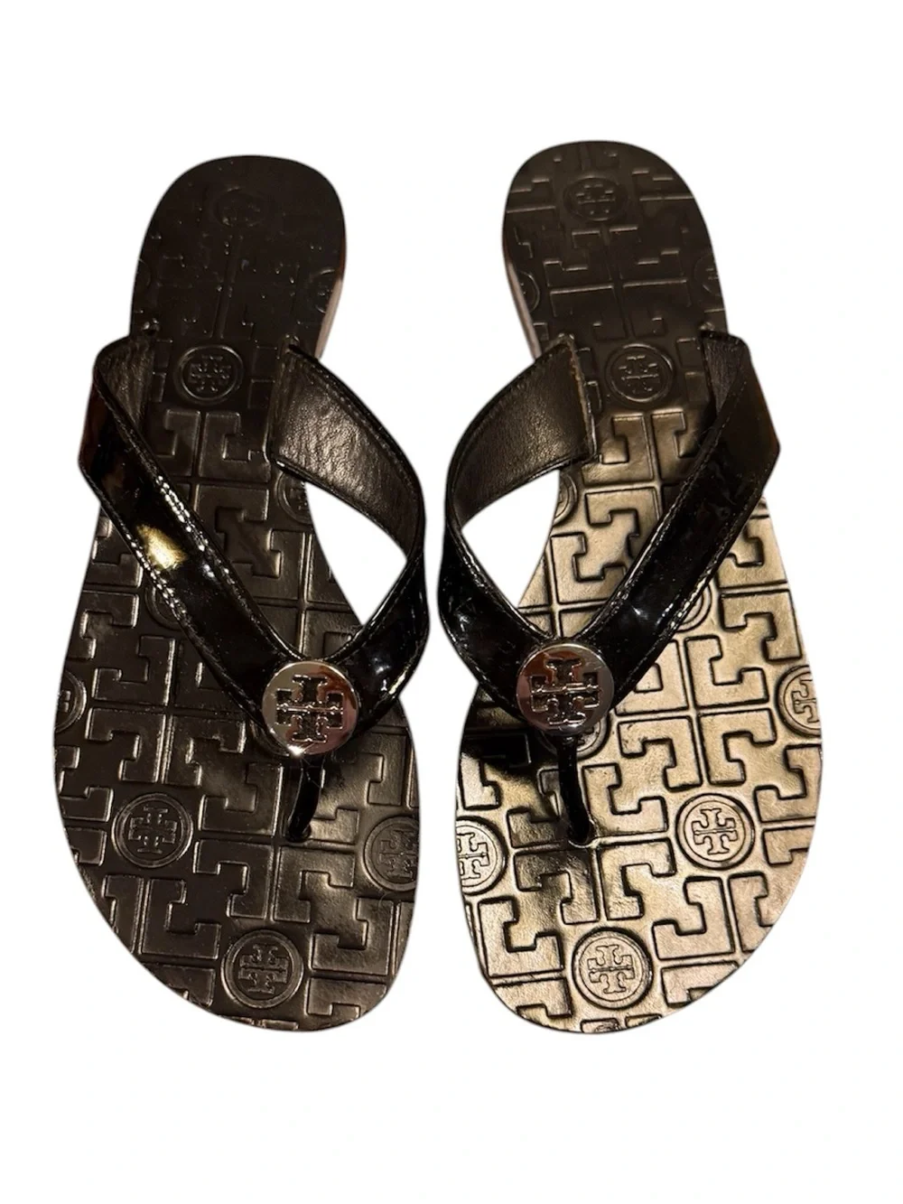 Tory Burch Thora Black Patent Leather Silver Logo Thong Sandals Size 8
